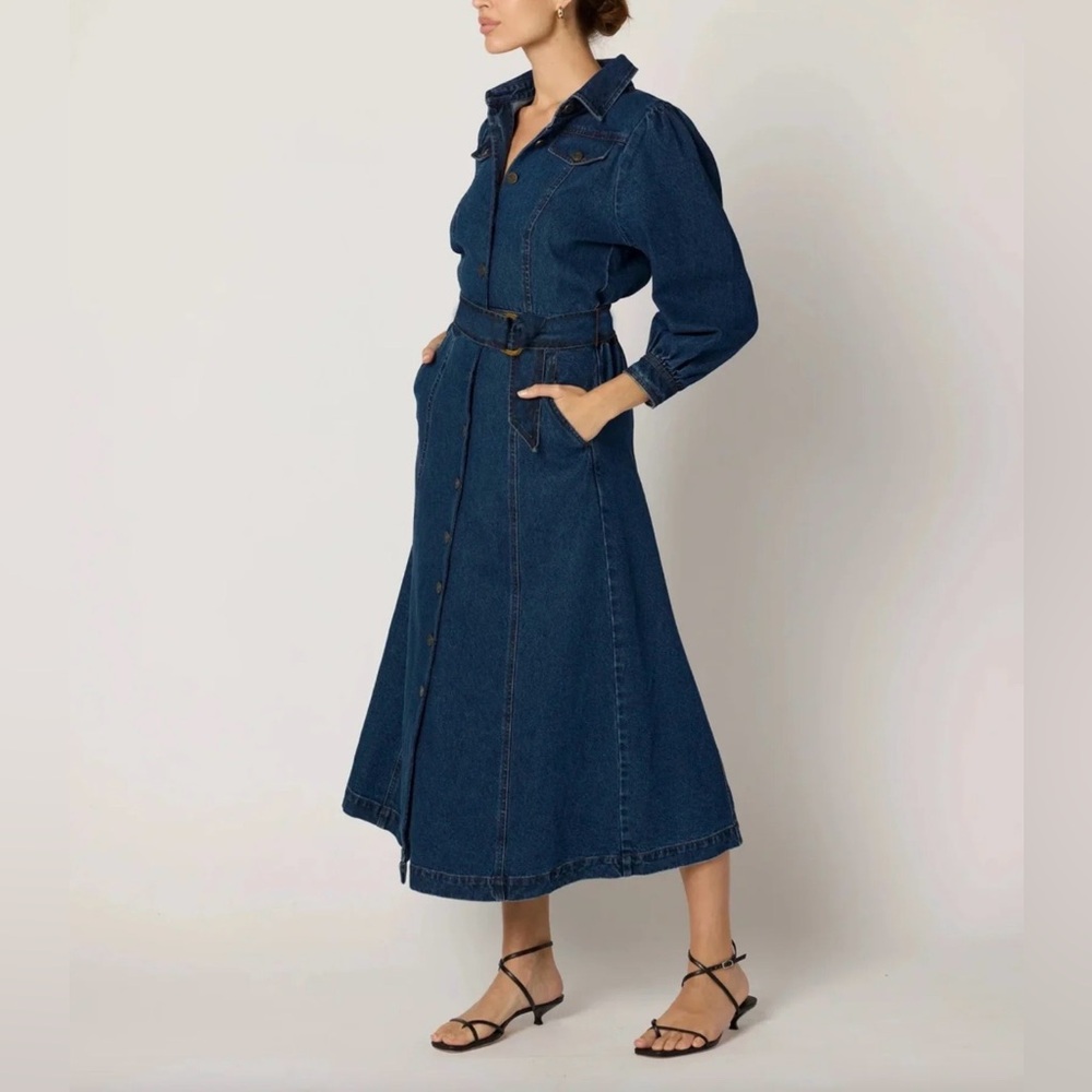 Cleobella Denim Button Down Maxi Dress Belted Long Sleeve Dark Wash NWT Small